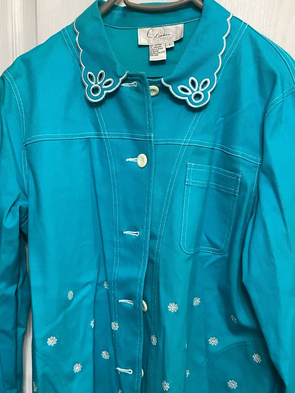 Vintage-Inspired Teal Embroidered Jean Jacket